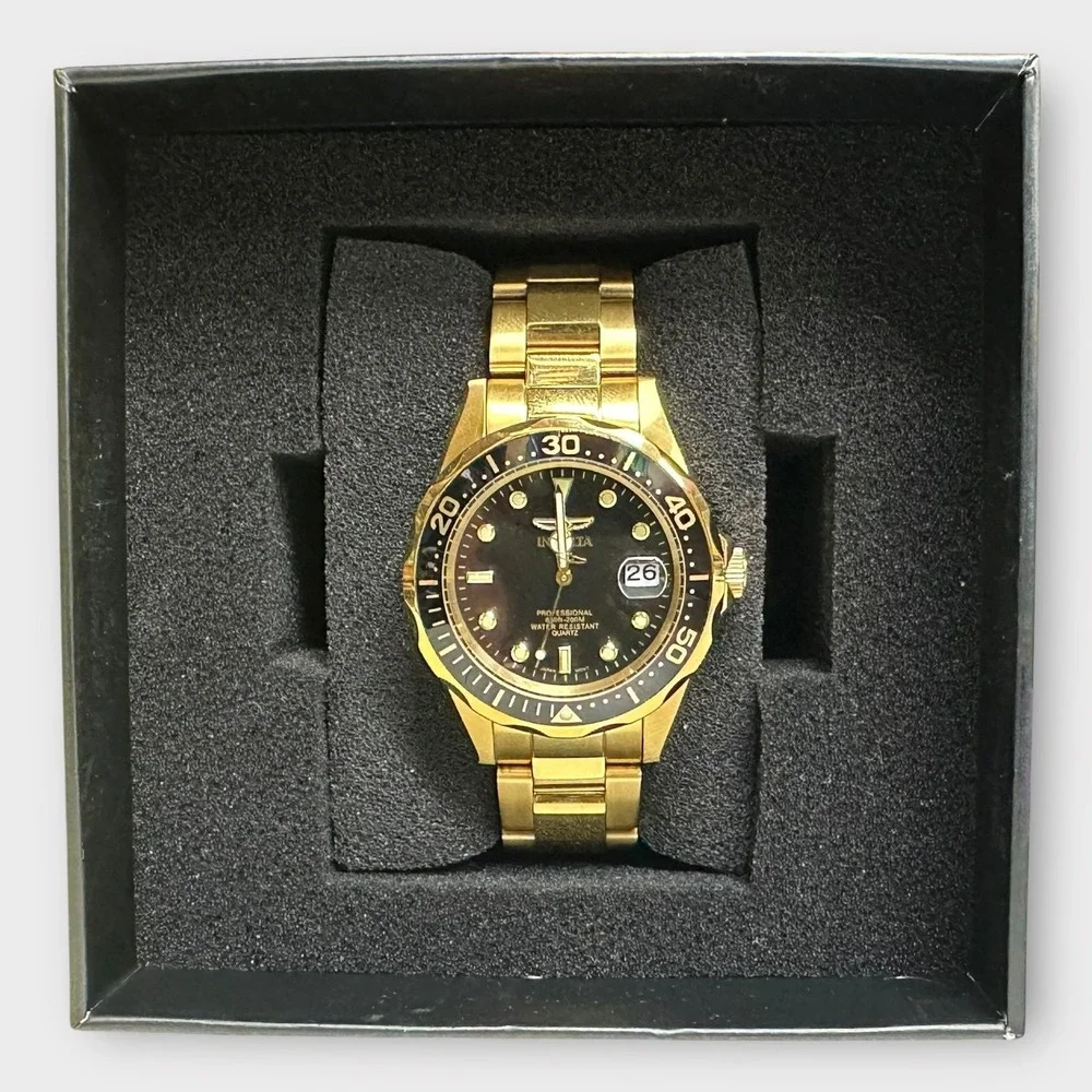 Invicta Watch Gold Tone‎ Mens 40mm Black Dial Date 200M Stainless 8936 Boxed